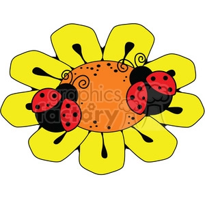 A bright and colorful clipart image of two ladybugs sitting on a yellow flower with an orange center.