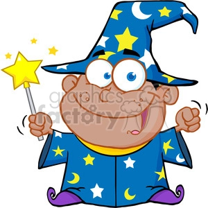 A cheerful cartoon wizard in blue attire adorned with stars and crescent moons, holding a magic wand with a star at the tip.