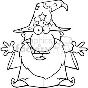 A black and white clipart image of a cartoon wizard with a large nose, round eyes, and a pointy hat decorated with stars and a crescent moon. The wizard has a long beard and is smiling with open arms.