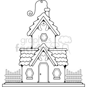This clipart image features a whimsical, cartoon-style house with layers of roof shingles and hexagonal windows. The drawing is simple and black-and-white, creating a cute and charming look.
