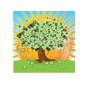Clipart image featuring a tree with money as leaves, set against a bright, sunny backdrop.
