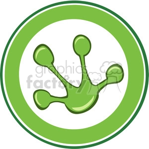 The clipart image shows a stylized and simplified representation of a frog's footprint. It consists of four round toe pads with a larger pad at the base, all connected by lines to suggest the palm of the foot. The print is set against a circular background with a green border that complements the green of the footprint.