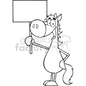 Black and white cartoon clipart image of a happy horse holding a blank sign.