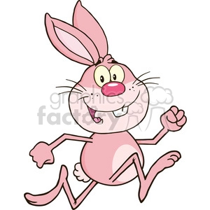 A cheerful cartoon pink rabbit with long ears and a big smile, happily running with one leg raised.