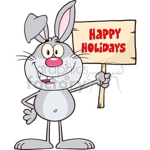 Royalty Free RF Clipart Illustration Funny Gray Rabbit Cartoon Character Holding A Wooden Board With Text