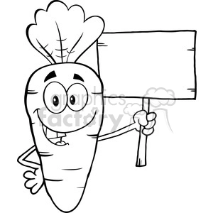 A cheerful cartoon carrot character is holding a blank rectangular sign. The carrot has a smiling face, large eyes, and leafy green top, making it appear friendly and approachable. This clipart image is perfect for various educational, promotional, and creative uses.