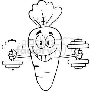 A black and white clipart image of a smiling cartoon carrot holding dumbbells in both hands, suggesting a theme of health and fitness.