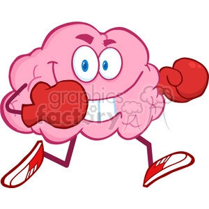 5838 Royalty Free Clip Art Brain Cartoon Character Running With Boxing Gloves