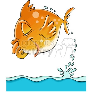 Cartoon image of an orange fish with fin and tail details, performing a humorous dive into water, with water splash effects.