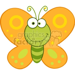 This clipart image features a cute green butterfly with large, bright orange wings. The butterfly has big, expressive eyes and a happy smile. The wings are decorated with yellow and green circular patterns.