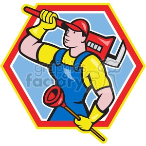 plumber carrying wrench and plunger looking up