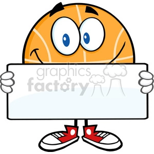 Royalty Free RF Clipart Illustration Smiling Basketball Cartoon Character Holding A Banner