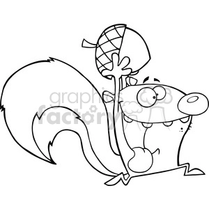 6733 Royalty Free Clip Art Black and White Crazy Squirrel Cartoon Mascot Character Running With Acorn