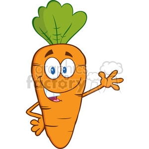 A cheerful cartoon carrot character with big eyes, a wide smile, green leafy top, and an arm raised in greeting.