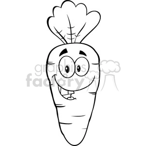 A black and white clipart image of a cartoon carrot with a happy facial expression.
