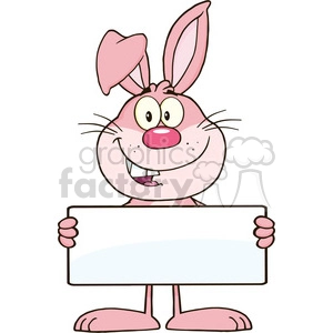 A cartoon pink bunny rabbit holding a blank sign, smiling with one ear flopped over and the other standing up straight. The bunny has a large pink nose and a friendly expression.