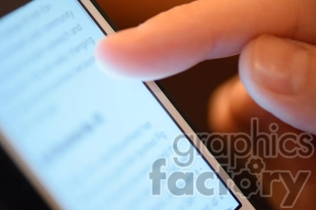 Close-up view of a finger pointing to text on a smartphone screen.