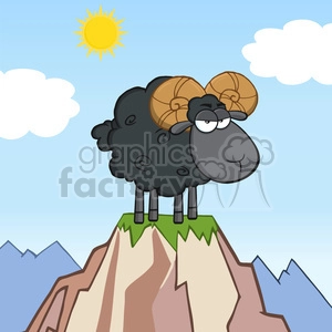 Royalty Free RF Clipart Illustration Angry Black Ram Sheep Cartoon Mascot Character On Top Of A Mountain