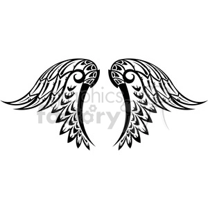 A black and white clipart illustration of stylized angel wings with intricate tribal designs.