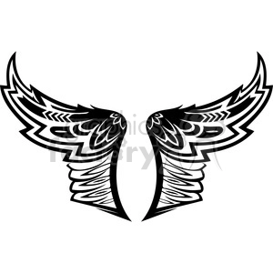 A tribal-style black and white illustration of a pair of wings. The design features symmetrical patterns with intricate detailing along the wings, typically used in tattoo art or decorative designs.