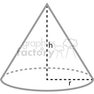 A clipart illustration of a geometrical cone, showing its height (h) and radius (r) with dotted lines.