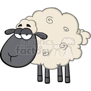 The image shows a funny cartoon sheep. This sheep has a fluffy cream-colored wool body with swirling patterns, a large grey face, floppy ears, and large eyes, which adds to its humorous appearance. The sheep is standing upright and looks slightly towards the viewer with a gentle and mildly bemused expression.