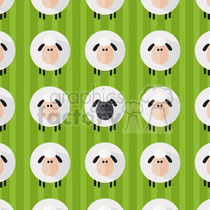 This image features a pattern of stylized sheep or lambs arranged in rows against a green striped background. Each sheep has a round fluffy white body, a simplistic face with ears, and is depicted with a different facial expression. Most of the sheep have a traditional appearance with a white body and a pink face, but there is one unique sheep in the center with a contrasting black face and a black body, which adds a playful twist to the pattern.