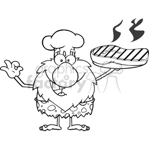 black and white chef male caveman cartoon mascot character holding up a platter with big grilled steak and gesturing ok vector illustration