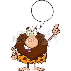 smiling male caveman cartoon mascot character pointing with speech bubble vector illustration