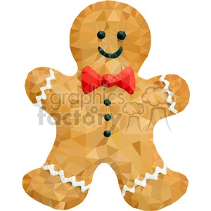 A polygonal vector illustration of a gingerbread man with a red bow tie, black buttons, and icing details on the arms and legs. The character has a happy facial expression.
