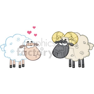 This image features two cartoon sheep characters in a humorous, affectionate pose. The sheep on the left, with a white and fluffy appearance, is depicted with a lovestruck expression, complete with hearts floating above its head. The sheep on the right has a darker face, possibly a ram with large, spiral horns, also shown with an endearing expression.