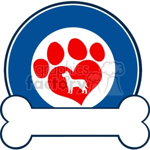 Clipart image featuring a white dog silhouette within a red heart, which is inside a larger red paw print. The background is a blue circle with a white bone at the bottom.