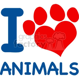 Clipart image showing a blue letter 'I' and the word 'ANIMALS' with a red paw print heart symbol between them, conveying 'I love animals.'
