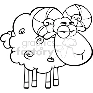The image depicts a funny cartoon sheep with exaggerated features - it has a large, fluff-filled body, big swirly horns, and a humorous facial expression with eyes looking sideways above its smiling snout. The sheep seems content and is drawn in a simplistic, whimsical style that suggests it could be intended for children's coloring books or playful graphic designs.