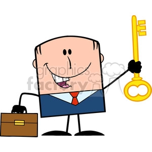 Royalty Free RF Clipart Illustration Happy Businessman With Briefcase Holding A Golden Key Cartoon Character