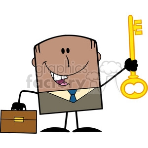 Royalty Free RF Clipart Illustration Happy African American Businessman With Briefcase Holding A Golden Key Cartoon Character