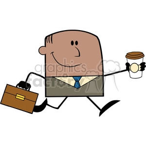 Royalty Free RF Clipart Illustration Lucky African American Businessman Running To Work With Briefcase And Coffee Cartoon Character