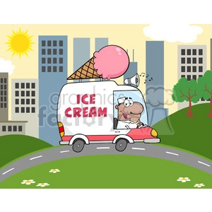 Royalty Free RF Clipart Illustration African American Ice Cream Man Driving Truck In The Town