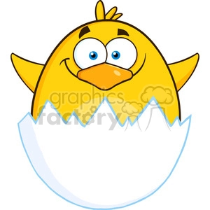 8593 Royalty Free RF Clipart Illustration Surprise Yellow Chick Cartoon Character Out Of An Egg Shell Vector Illustration Isolated On White