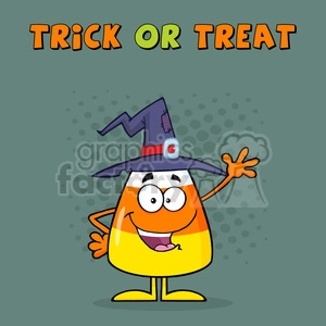 8888 Royalty Free RF Clipart Illustration Smiling Candy Corn Cartoon Character With A Witch Hat Waving Vector Illustration Isolated On White And Text