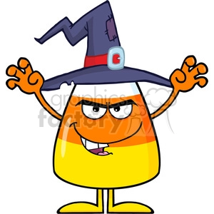 8881 Royalty Free RF Clipart Illustration Scaring Halloween Candy Corn With A Witch Hat And Text Vector Illustration Isolated On White
