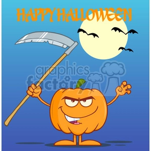 Royalty Free RF Clipart Illustration Scaring Halloween Pumpkin With A Scythe Greeting Card