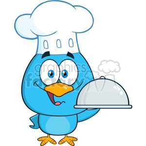 8818 Royalty Free RF Clipart Illustration Chef Blue Bird Cartoon Character Holding A Platter Vector Illustration Isolated On White