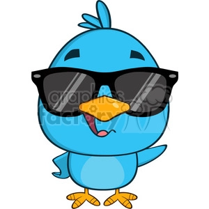 8823 Royalty Free RF Clipart Illustration Cute Blue Bird With Sunglasses Cartoon Character Waving Vector Illustration Isolated On White