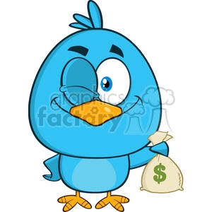 8833 Royalty Free RF Clipart Illustration Winking Blue Bird Cartoon Character Holding A Bag Of Money Vector Illustration Isolated On White