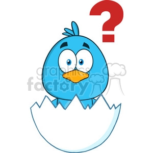 8808 Royalty Free RF Clipart Illustration Cute Blue Bird Cartoon Character Hatching From An Egg With Question Mark Vector Illustration Isolated On White