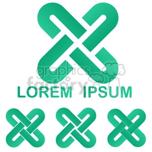 The clipart image depicts a set of abstract logo templates in shades of teal and green. The logos feature curved lines and loops that create the impression of movement and infinity. The design is modern and sleek, making it suitable for use in branding and marketing for companies or products related to science, technology, or media. The logos could be customized with different text or used as standalone symbols to represent a company or product identity.
