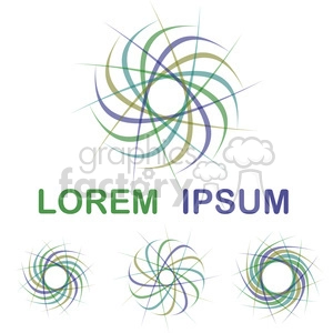 A clipart image featuring abstract, multicolored, overlapping circular patterns with lines extending outward. The design incorporates the text 'Lorem Ipsum' in green and blue colors.
