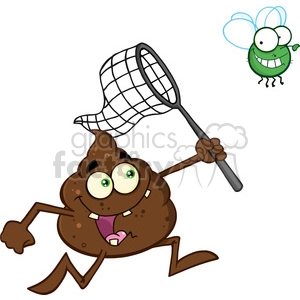 royalty free rf clipart illustration funny poop cartoon character catching a fly with a net vector illustration isolated on white backgrond