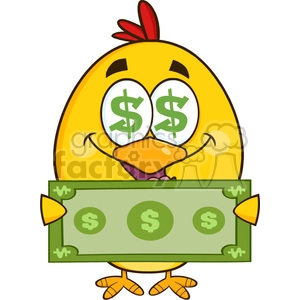 A cartoon of a yellow chick with dollar signs in its eyes holding a large dollar bill with dollar symbols.